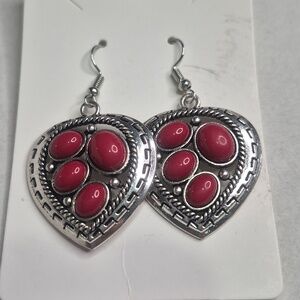 Silver Heart Drop Earrings with Red Cabochons